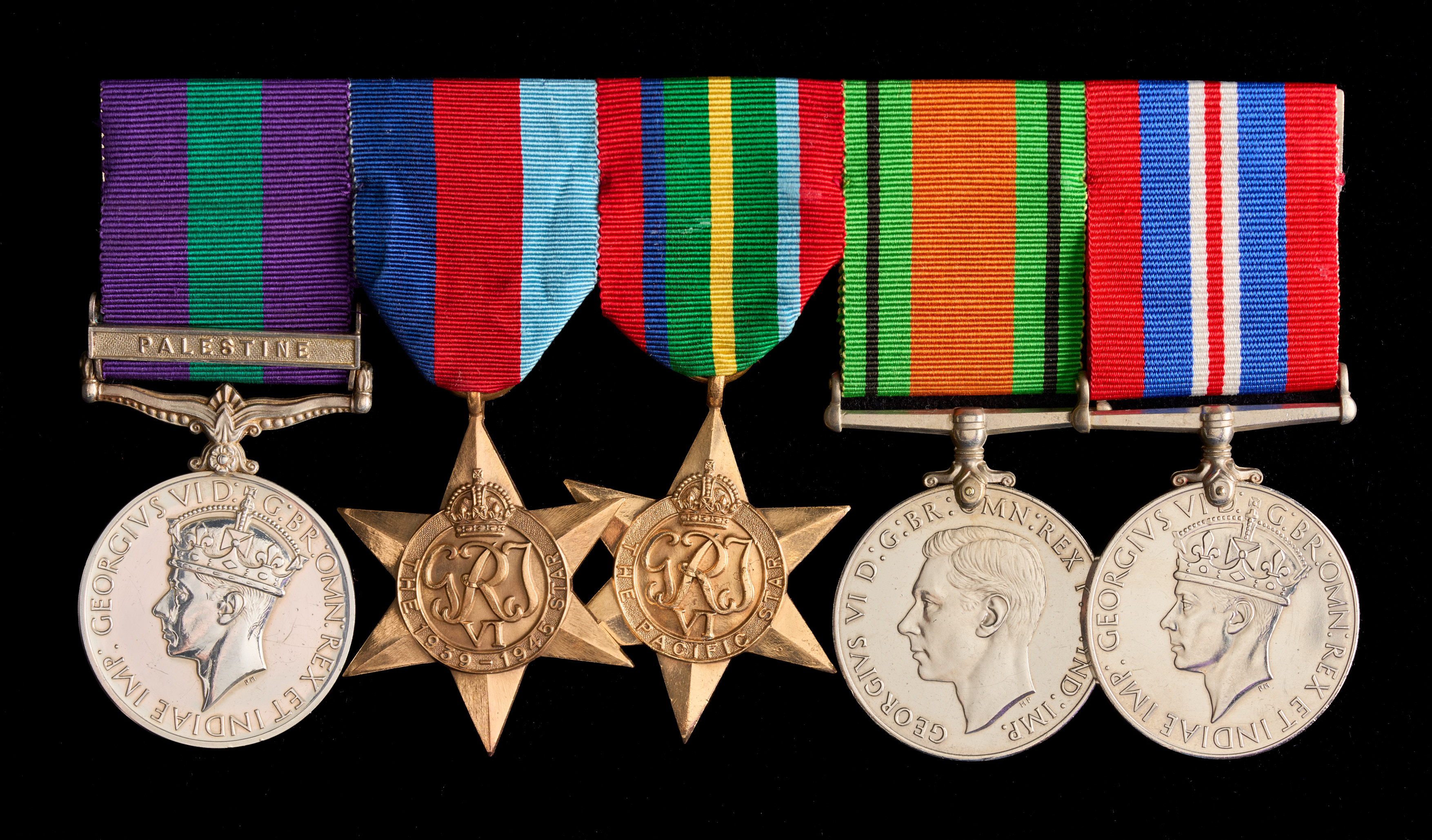 Joseph Lucy (Jnr) : (L to R) General Service Medal with ‘Palestine’ clasp; 1939-45 Star; Pacific Star; Defence Medal; War Medal 1939-45